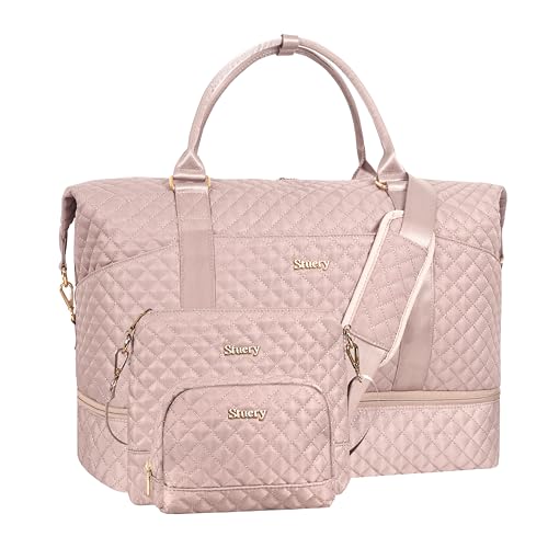 Weekender Bag, Large Travel Duffel Bag for Women, Carry on Overnight Bag with Shoe Compartment and Toiletry Bags - color: K-3PCS Nude