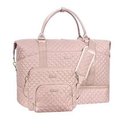 Weekender Bag, Large Travel Duffel Bag for Women, Carry on Overnight Bag with Shoe Compartment and Toiletry Bags - color: K-3PCS Nude