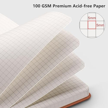 RETTACY Graph Grid Paper Notebook, 192 Pages, A5 Size (5.7'' x 8.3'') | 5 Squares per Inch, Leather Hardcover, 100 GSM Thick Paper, for School, Students, Math, Engineering (Brown) - color: Brown, style: Grid
