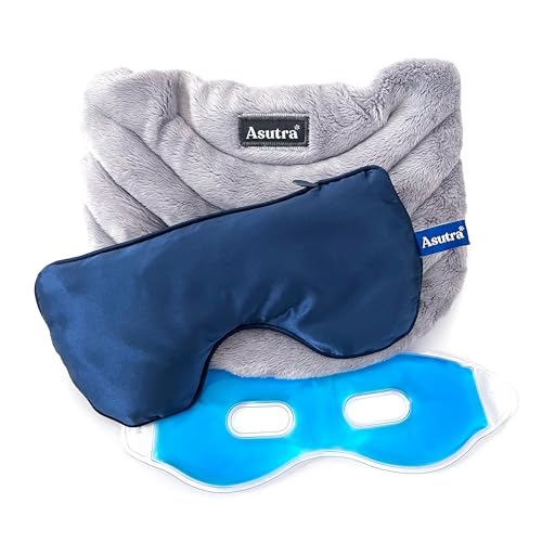 ASUTRA Navy Silk Eye Pillow and Plush Gray Weighted Neck Wrap Bundle Set, 2 | Products - Weighted Eye Mask Filled w/Lavender & Flax Seeds, Hands-Free Microwaveable Heat Pad and Cooling Neck Wrap - color: Navy Eye Pillow and Neck Wrap Bundle