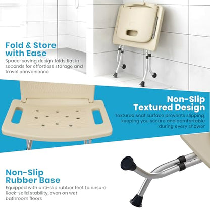Yellow Ladybug Foldable Shower Chair - Adjustable Height Bath Stool with Non Slip Rubber Feet, Lightweight for Seniors & Mobility Support.