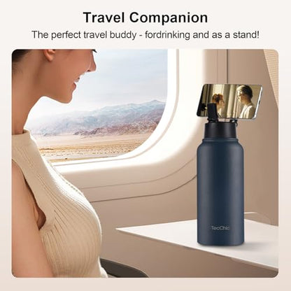 Insulated Water Bottle with Magnetic Phone Holder Compatible with MagSafe and iPhone,Double-Sided Magnet,Hot 12H Cold 24H,Stainless Steel Water Bottle Phone Mount for Sports Travel,32oz (Navy Blue) - color: Navy Blue