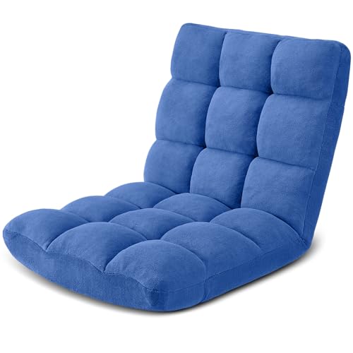 Folding Floor Gaming Chair 14-Poistion Cushioned Adjustable Floor Lazy Sofa Chair w/Breathable Cotton & Skin-Friendly Velvet for Adults & Kids Perfect for Reading Gaming Meditating, Babyblue - color: Babyblue