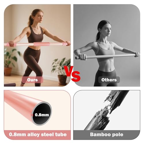 Pink Yoga Stick 58 Inch - Alloy Steel Stretching & Exercise Stick with Neck & Hand Pads, Shoulder Flexibility Tool for Yoga, Pilates & Home Gym Workouts