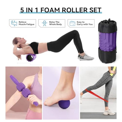 5 in 1 Foam Roller Set, High Density Patented Exercise Roller - color: Purple