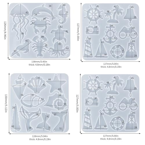 4 Piece Resin Earring Molds, Ocean Life Jewelry DIY Silicone Molds UV Resin Jellyfish Shell Starfish Earrings Keychain Lighthouse Ship Wheel Necklace Pendant Craft Supplies - color: Ocean