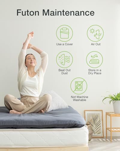 FULI Japanese Futon, Full Size, White - Foldable Shikibuton Floor Bed | Medium Firm Quilted Cotton Sleeping Pad, Portable Roll-Up Japanese Floor Bed for Guests & Small Spaces, 100% cotton surface - size: Full (75"L x 55"W), style: Standard