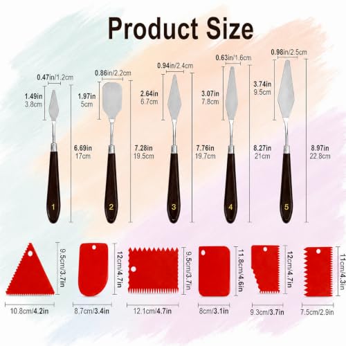 11 Pcs Painting Palette Knife Set, 5 Pcs Professional Stainless Steel Palette Knives with 6 Plastic Scrapers, Art Paint Tools for Oil, Acrylic, Watercolor Painting and Cake Decorating