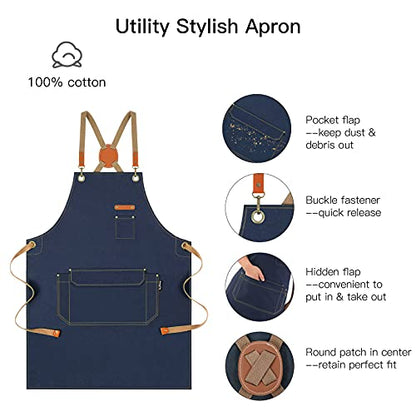 Chef Apron with Cross Back Straps for Men Women, Cotton Canvas Apron for Artists Painting, Kitchen Cooking - color: Navy, 6pack