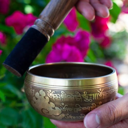Tibetan Singing Bowl Set – Bronze Master Grade with Pure Tone & Thangka Art – Handmade in Nepal by Himalayan Bazaar (Gold & Yellow) - color: Gold - Yellow
