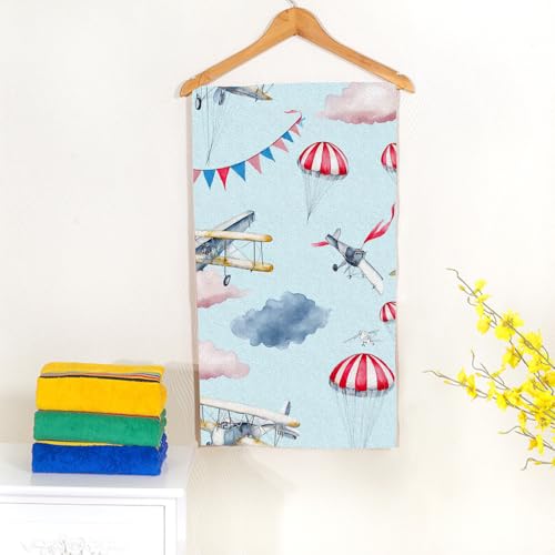 Airplane Hot Air Balloon Beach Towel Flags Garlands Clouds Parachute Face Towels Suit Travel Sports Pool Swimming Bath Camping Spa Gym Yoga,15x30 Inch - color: Airplane Hot Air Balloon