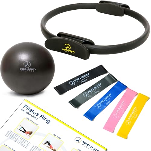 ProBody Pilates Home Workout Bundle (3pcs) - Black 14" Magic Circle, 9" Mini Exercise Ball and 5 Resistance Bands Bundle for Stability, Barre, Yoga, and Physical Therapy