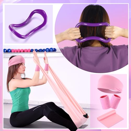 Poen Home Pilates Essentials Kit for Women 30 Pcs Pilates Ring and Ball Equipment Set with Yoga Ball Stretching Strap 8 Shape Resistance Bands Non Slip Sock Wristbands Gym Bags Exercise