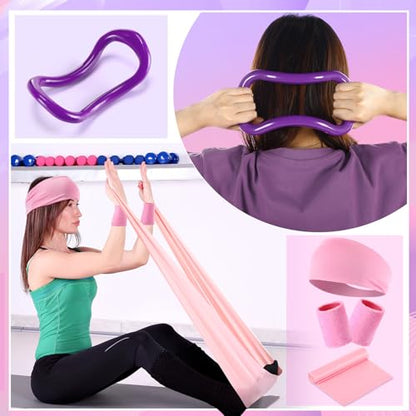 Poen Home Pilates Essentials Kit for Women 30 Pcs Pilates Ring and Ball Equipment Set with Yoga Ball Stretching Strap 8 Shape Resistance Bands Non Slip Sock Wristbands Gym Bags Exercise