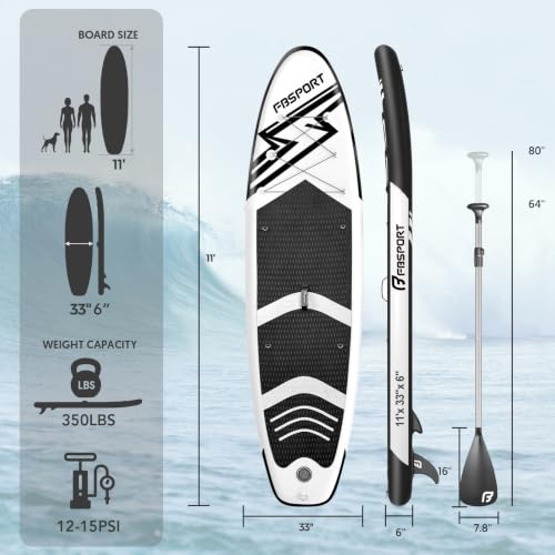 FBSPORT 11' Premium Stand Up Paddle Board, Yoga Board with SUP Accessories & Carry Bag | Wide Stance, Surf Control, Non-Slip Deck, Leash, Paddle and Pump for Youth & Adult - color: Black White