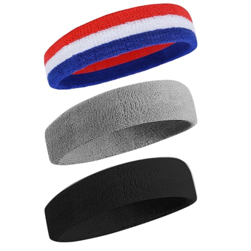 BEACE Sweatbands Sports Headband for Men & Women - Moisture Wicking Athletic Cotton Terry Cloth Sweatband for Tennis, Basketball, Running, Gym, Working Out - color: Black/Gray/RedWhiBlu