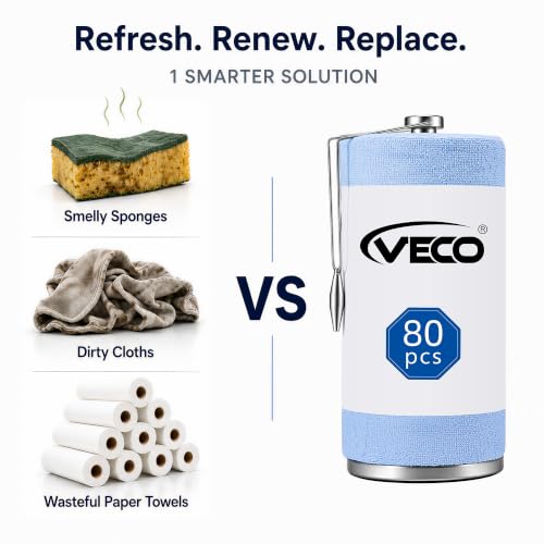 Veco Microfiber Cleaning Cloth Roll with Holder 80 PCS, 12" x 12" Blue - color: Blue-st