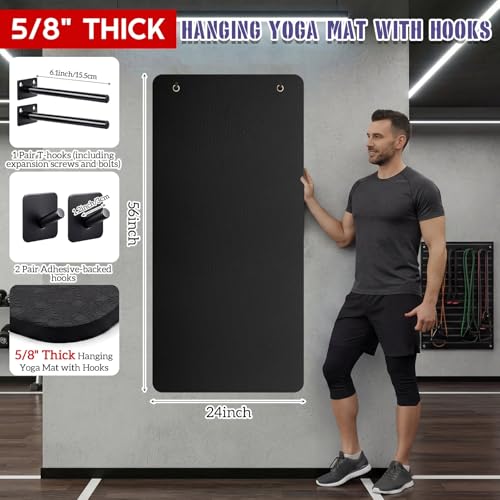 Briwooody Yoga Mat Wall Mount with Holes - color: Black, size: 56"x24"x5/8''