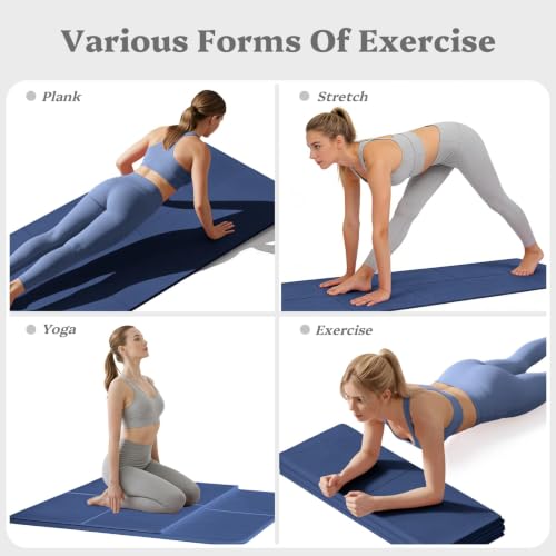 Foldable Yoga Mat Non Slip, Pilates Fitness Mats, 72" x 24" Extra Width ＆ Thick, Anti-Tear Exercise Mat with Carrying Strap and Bag, Workout Mats for Stretching,Yoga Studio,Gym or Home Workouts - color: Blue, size: 0.16"
