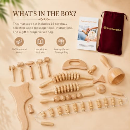 16Pcs Wood Therapy Massage Tools Set, Maderoterapia Massage Kit with Wooden Gua Sha Tools, Body Sculpting & Lymphatic Drainage Massager, Muscle Relaxation Roller for Face, Back, Legs & Full Body - color: 16pcs
