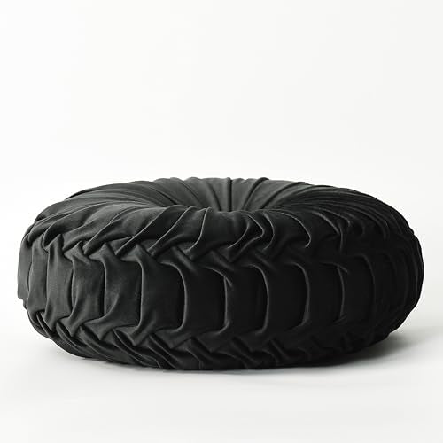 HIG Set of 2 Black Velvet Decorative Round Pleated Throw Pillows - color: Black