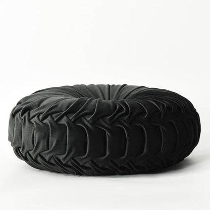 HIG Set of 2 Black Velvet Decorative Round Pleated Throw Pillows - color: Black