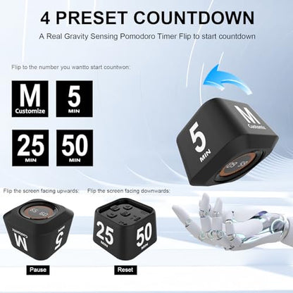 Rotating Cube Visual Pomodoro Timer 5, 25, 10, 50 Min Preset+Custom Mode | Rechargeable Cube Desk Productivity Flip Timer with Custom, Detachable Silicone Case, Ideal for ADHD Tool Study Work School - color: Black