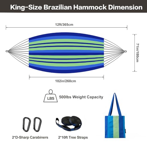 Brazilian Double Hammock with Tree Straps, King Size, 500 lbs Capacity | Soft Woven Cotton Fabric, 102 × 71 in , 2-Person Hammock with Carry Bag for Backyard, Patio, Indoor & Outdoor, Red Stripe - color: Red Stripe, size: XX-Large