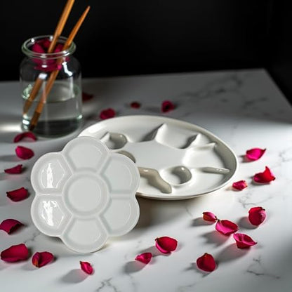 2Pcs White Porcelain Watercolor Palette - Washable Ceramic Paint Tray with Non-Stick Surface, Professional Artist-Grade Mixing Palette for Studio and Outdoor Painting
