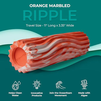Oceanfoam Ripple Travel Foam Roller (11" x 3.35") Firm Mini Foam Roller for Physical Therapy, Deep Tissue Massage, Back Pain - High Density, Ergonomic Wave Textured - Yoga, Exercise (Orange Marbled)