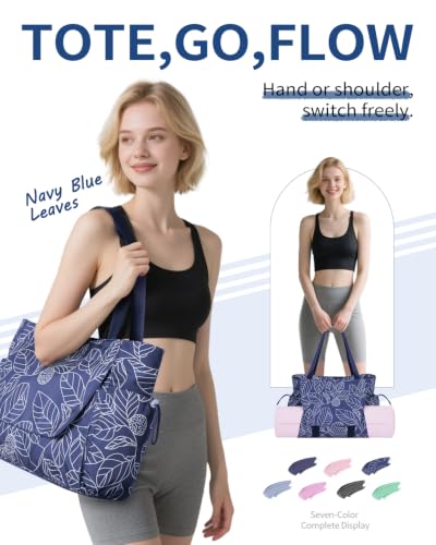 sportsnew Yoga Mat Bag Waterproof Tote Gym Bag Mat Carrier W/Wet Pocket | hook-and-loop mat holder 5s quick access, 40oz handled bottle pocket, wet bag, lightweight waterproof, drawstring pockets,19L - color: Navy Blue Leaves