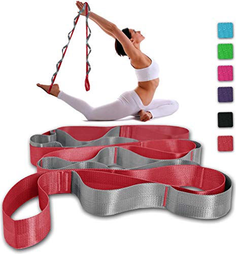 SANKUU Yoga Straps Stretching Strap with 12 Loops Workout Poster, Straps for Stretching Physical Therapy Equipment Long Stretch Out Bands for Exercise, Pilates and Gymnastics for Women Men - color: Red+Grey