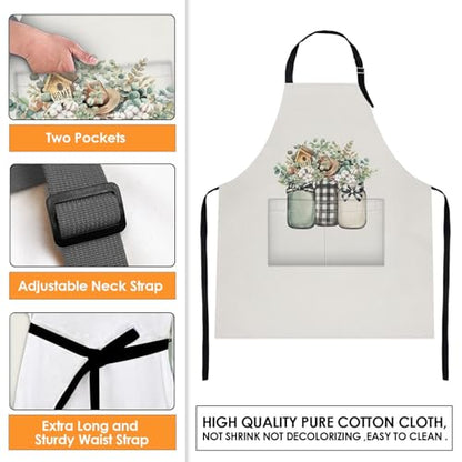 Apron with Pockets, 32x28 inch, 2 Pack, Sage Green | Eucalyptus Leaf Floral Herbs Adjustable Bib with Pockets for Women Men Couple Lovers Chef Home Baking Gardening - color: Cream Green