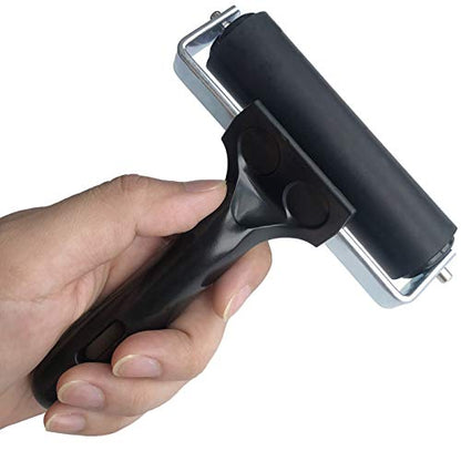 Benvo Rubber Brayer 4 inch Rubber Roller for Printmaking, Painting, Applying Glue, Wallpaper, Block Stamping Anti Skid Construction Tools with Hard Rubber Drum(Black, Classic Version)