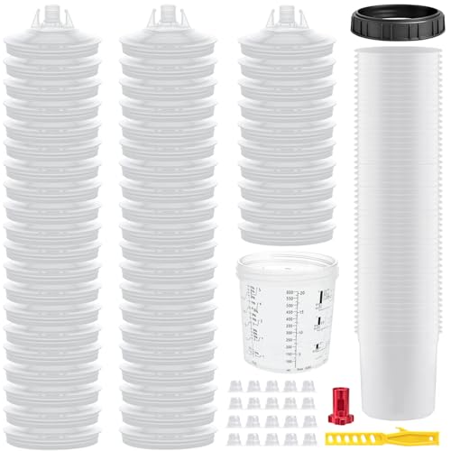 Disposable Paint Sprayer Mixing Cup for Automotive Paint Gun,Compatible with Original 1.0 System(not 2.0)-50pcs 20 Ounce Kit-50 Cup Liners,50 Lids with Strainer,1 Hard Cup with Retainer Ring,20 Plugs - size: 50pcs
