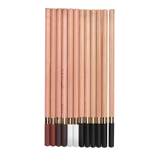 hong 12PCS 4 Colors Sketching Pencils Wooden Charcoal Drawing Pencil Art Supplies with Gift Box for Art Students, Beginners, Professional Painter, White/Sanguine/Sepia/Black Charcoal Pencils