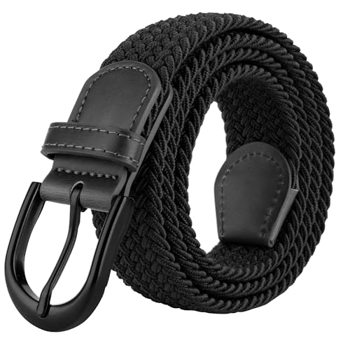 Mile High Life | Braided Stretch Elastic Belts | Pin Oval Solid Black Belt Buckle | PU Loop End Tip Men/Women/Junior Belt - color: Black, size: Small 28“-30” (35" Length)