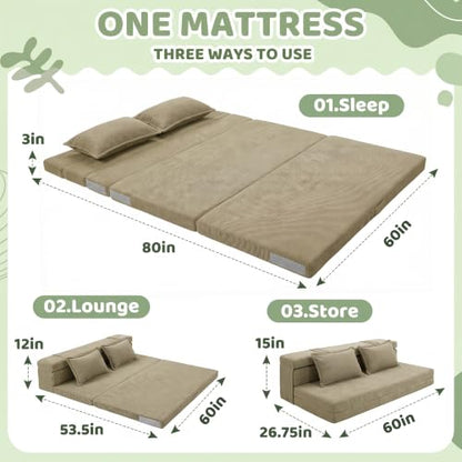 Tri-Fold Futon Mattress, Foldable Floor Mat (Sage Olive,Queen) - color: Sage Olive, size: Queen (80"L x 60"W x 3"Th)