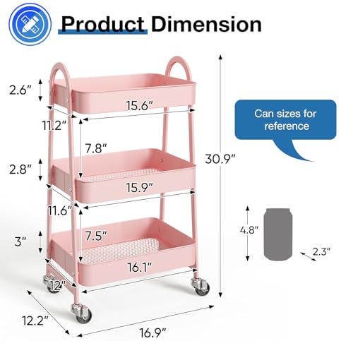 OLIXIS Metal 3 Tiers Rolling Storage Utility Cart with Lockable Wheels - color: Pink, size: 3-Tiered 17 inches