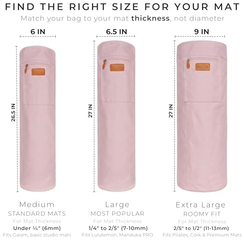 UDANA Canvas Yoga Mat Bag for Women & Men, Full-Zip Carrier with 3 Pockets & Adjustable Strap, Stylish Gym & Pilates Bag – Available in Multiple Sizes - color: Pink, size: Large: 1/4" to 2/5" (7-10mm) Thick Mats