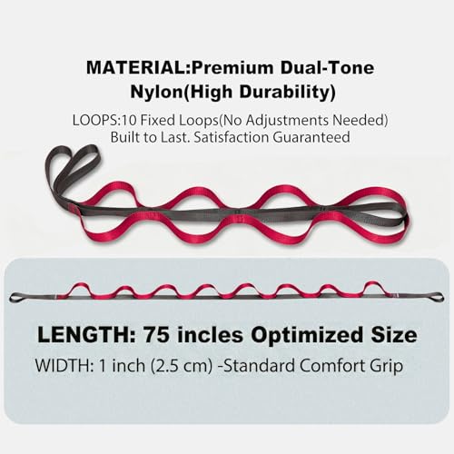 Acozycoo Stretching Strap with Loops for Leg Calf Back Physical Therapy | Non-Elastic Yoga Strap for Stretching,Stretch Band,Leg Lifter,Rehab,Knee,Hip,Pilates,Flexibility Training,Hamstring,Fascia - color: Red