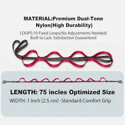 Acozycoo Stretching Strap with Loops for Leg Calf Back Physical Therapy | Non-Elastic Yoga Strap for Stretching,Stretch Band,Leg Lifter,Rehab,Knee,Hip,Pilates,Flexibility Training,Hamstring,Fascia - color: Red