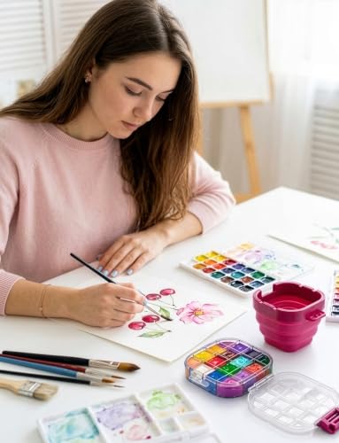16-Well Airtight Empty Palette Box with Lid & Foldable Water Cup, Pink | Compact Travel Design, Refillable Paint Storage Suitable for Guache, Watercolor & Acrylic - color: Pink