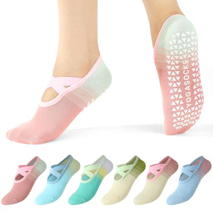 6/8 Pairs Pilates Socks for Women with Straps - color: Color Gradient