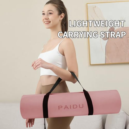 PAIDU POE Yoga Mat （10mm）Extra Thick Fitness Mat 72"x24" with Carry Strap | Non-slip, tear-resistant and suitable for all ages, perfect for yoga, Pilates, home gym and full-body workouts. - color: Pink + black