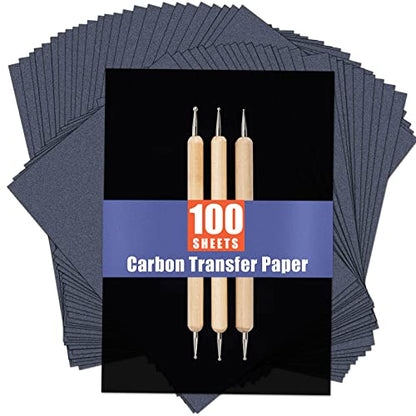 PSLER 100 Sheets Carbon Transfer Paper - Tracing Paper & 3 Embossing Stylus | Use with Carbon Paper, Dark Carbon Copy Paper for DIY Woodworking, Canvas, Art Crafts, Pattern Transfer & Drawing Surfaces - size: A4 (100 Sheet with 3PCS Embossing Stylus)