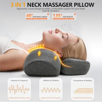 3-in-1 Neck Massager Pillow with Heat, Cordless Rechargeable Muscle Relax
