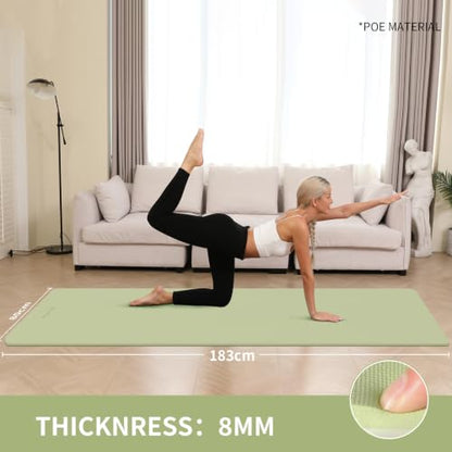 Extra Wide & Thick 8mm Yoga Mat, 72"x31.5" | Large Non Slip Exercise Mat, Premium POE Material, Superior Cushioning & Stability, With Strap for Home Gym, Pilates - color: Grass Green