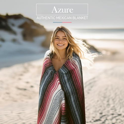 Hydration Nation Authentic Large Handwoven Mexican Striped Throw Blanket - Soft, Durable, Eco-Friendly - 70"x50" - Azure - color: Azure