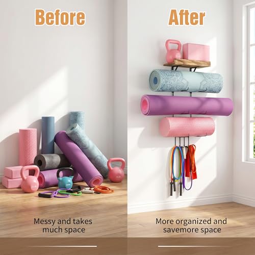 Yoga Mat Holder Wall Mount, Yoga Mat Organizer Storage Home Gym Accessories with Wood Floating Shelves for Storing Fitness, Yoga Mat Rack with 4 Hooks for Hanging Foam Roller and Resistance Bands
